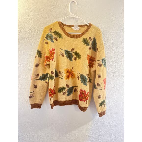 Talbots Women’s Wool Silk Sweater Size M – Autumn Leaf Acorn Print, Crew Neck - Picture 1 of 7
